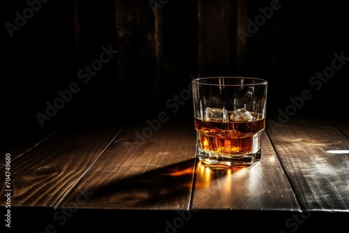 A glass of whiskey with ice cubes sits atop a wooden table, ready to be enjoyed.
