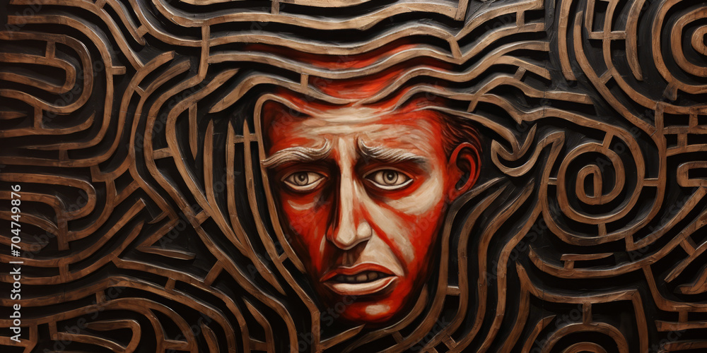 A painting presents a man's face, lost within the intricate paths of a maze. A painting presents a man's face, lost within the intricate paths of a maze.