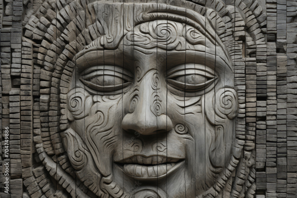 A detailed face is carved into wood, showcasing the beauty of sculptured art.