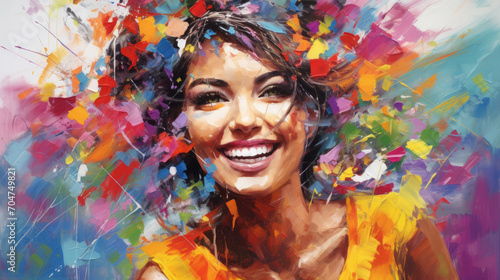 An artwork presents a cheerful woman with flowers adorning her hair, her bright smile expressing joy. © Duka Mer