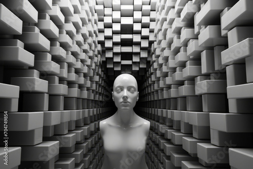 A white mannequin stands before a wall of cubes, creating a surreal and futuristic portrait. photo