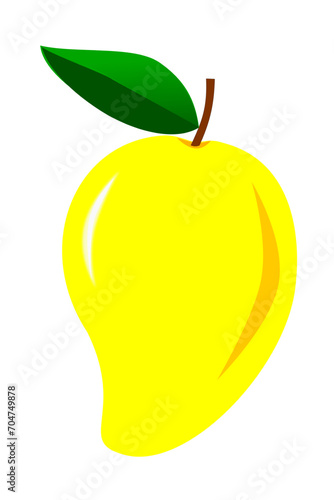 Yellow ripe mango with green leaves on white background.