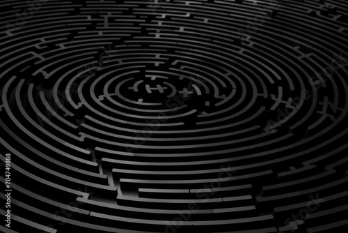 A black and white photo reveals a circular maze, its paths twisting and turning.