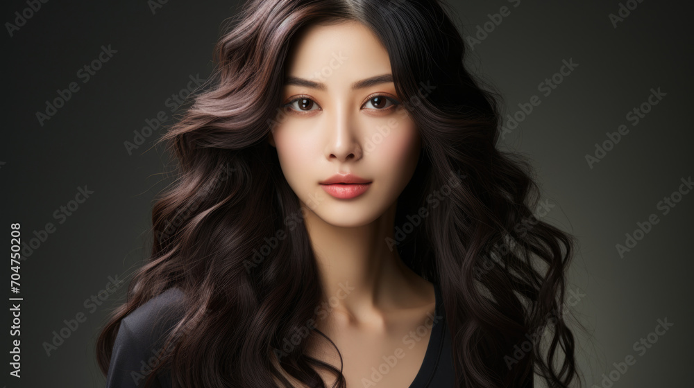 young asian woman with long curly hairstyle on dark background, can be used for shampoo ad young asian woman with long curly hairstyle on dark background, can be used for shampoo ad