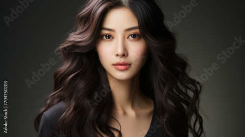 young asian woman with long curly hairstyle on dark background, can be used for shampoo ad