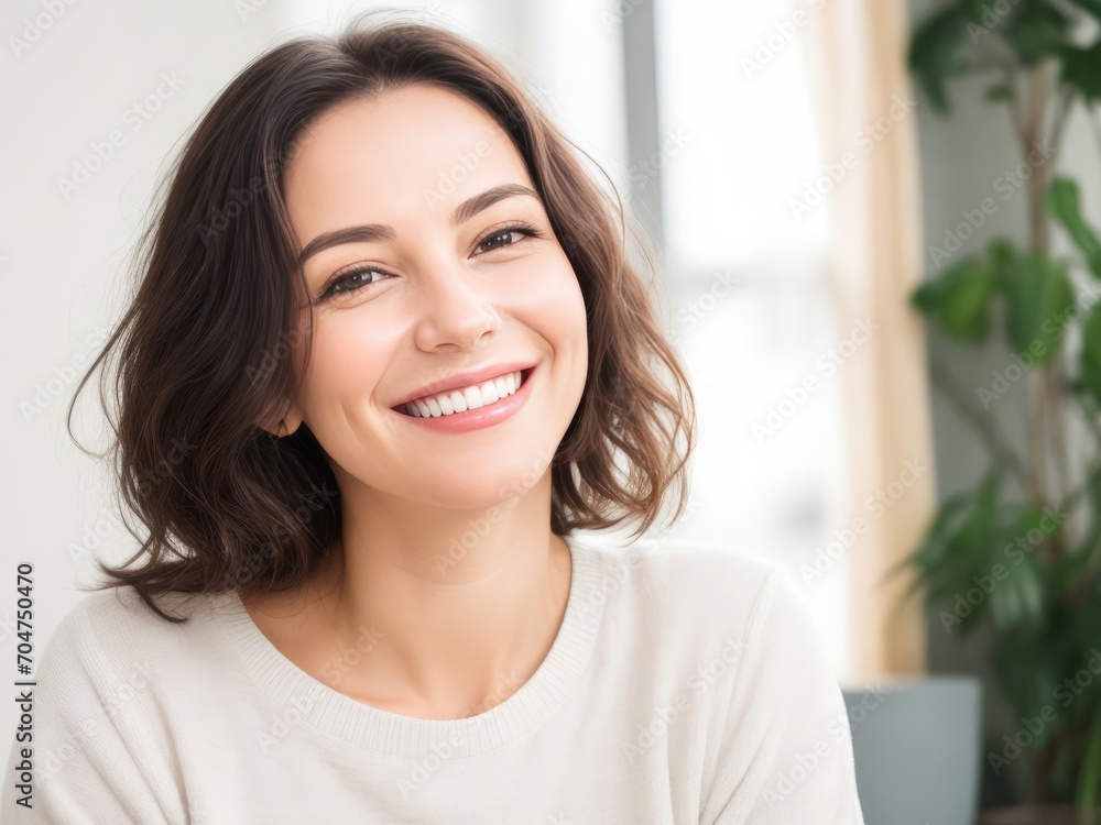 Smiling Woman with Long Wavy Dark Colored Hair