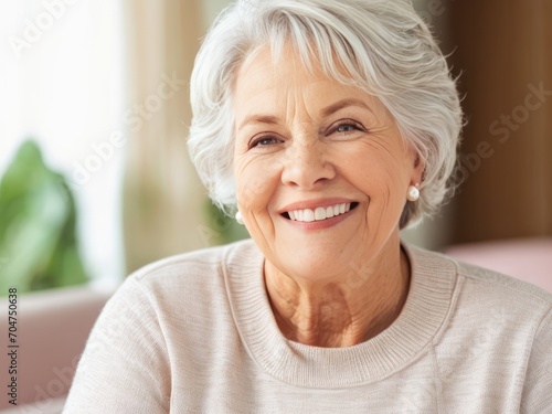 Beautiful Elderly Woman with Gray Hair Smiling Gracefully