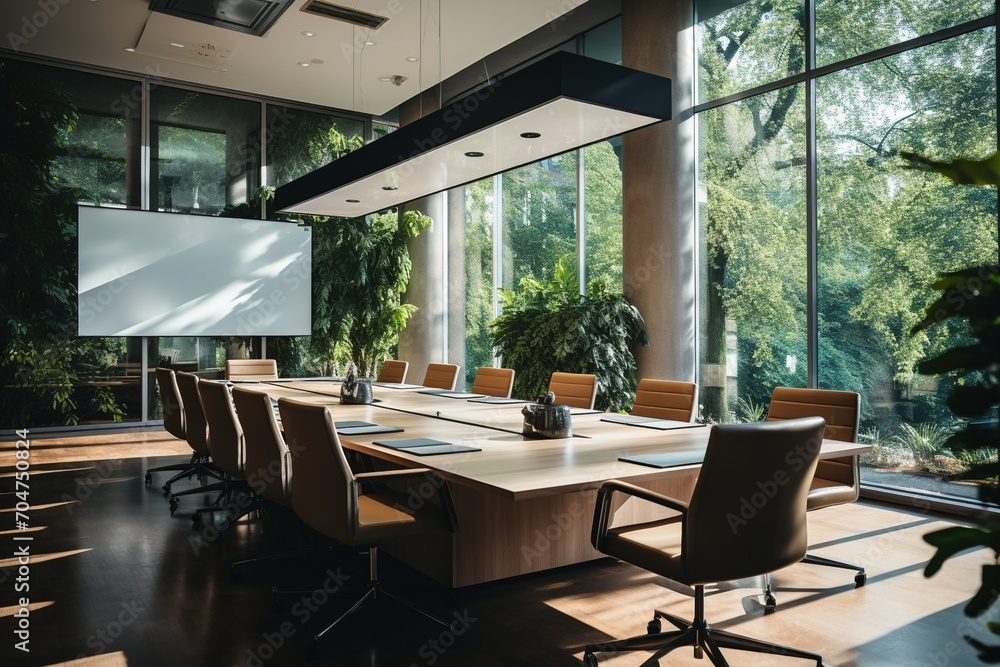 Modern office conference room with large windows and green plants