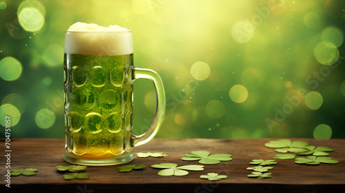 st patrick's day background on wooden board mug of green ale shamrock for cover for website or flyer with space for text