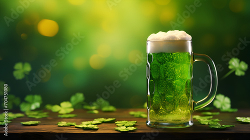st patrick's day background on wooden board mug of green ale shamrock for cover for website or flyer with space for text