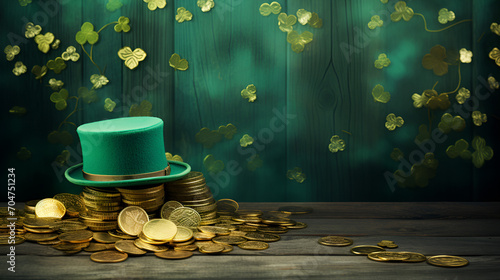 st patrick's day background on wooden board gold coins, hat and clover photo