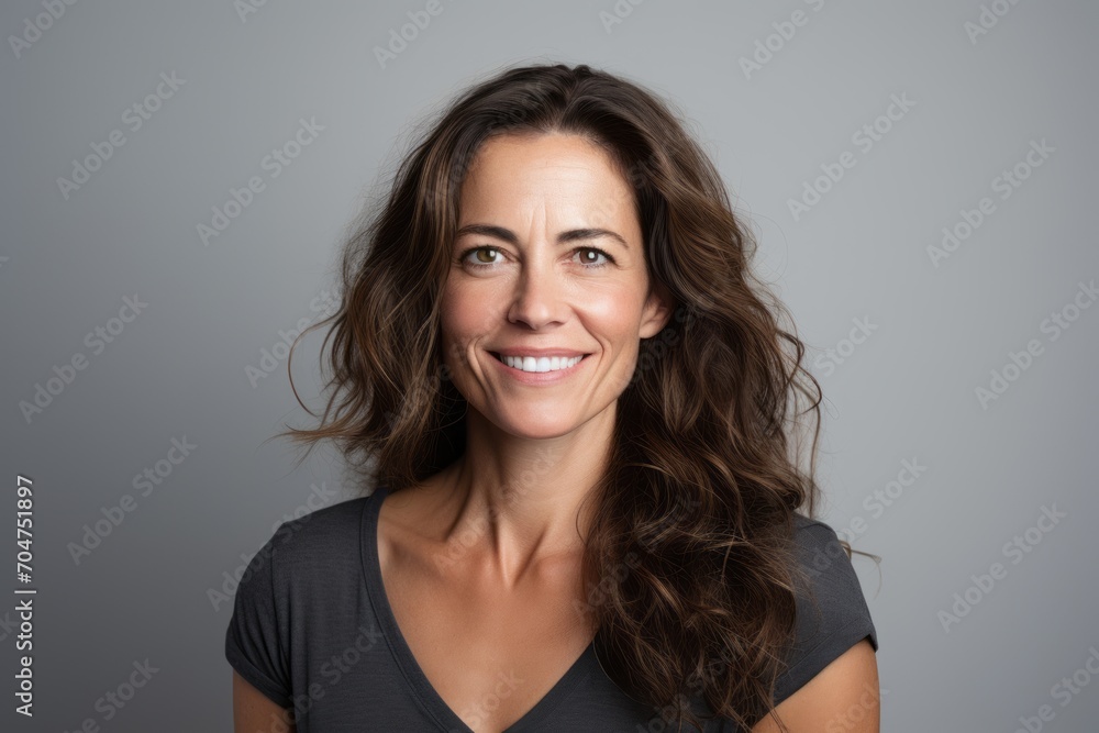 Portrait of a smiling woman with long wavy hair against grey background - obrazy, fototapety, plakaty 