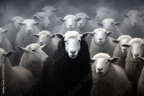 A flock of white sheep with black in the middle. generative ai