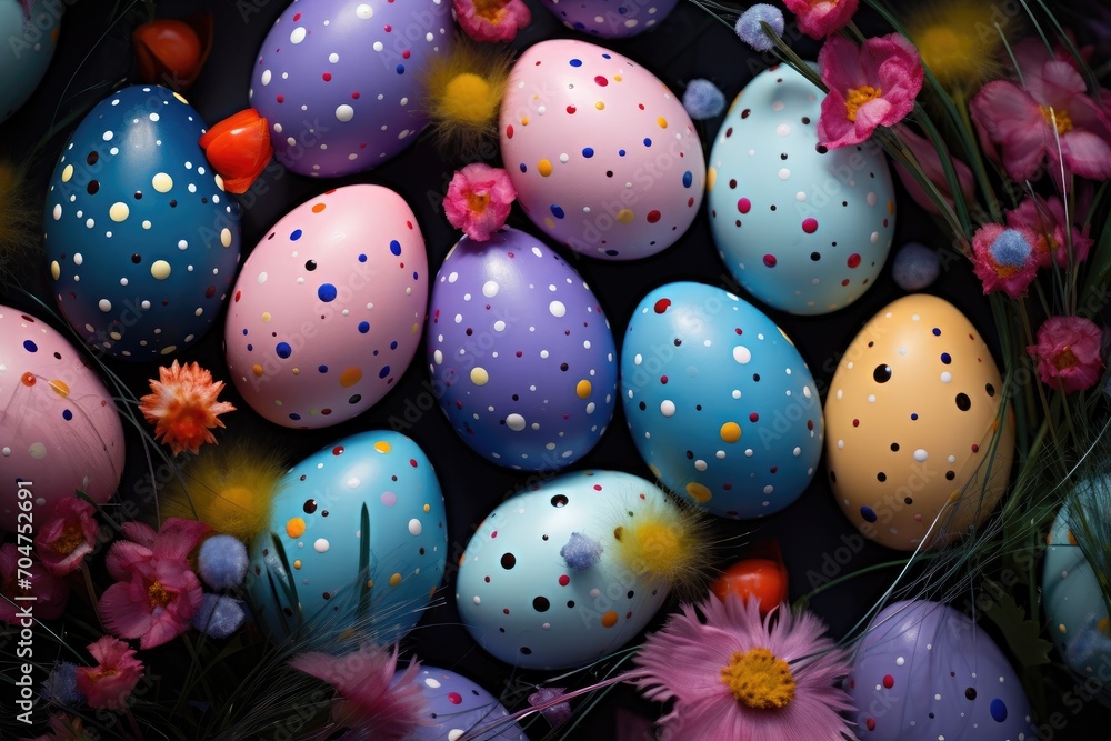 A Close-Up View of Easter Eggs Decorated with Lovely Flower Designs - Generative Ai