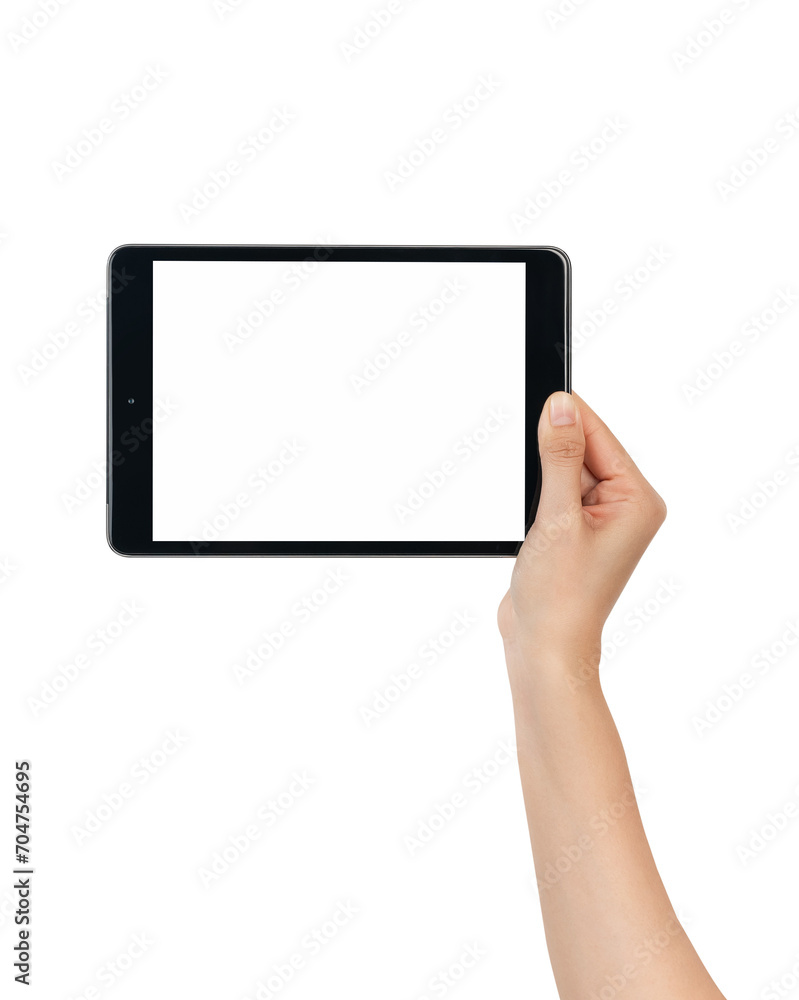 Hand holding the black digital tablet with mockup of blank screen on isolated white background.