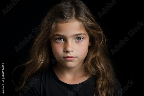 portrait of a little girl with long hair on a black background