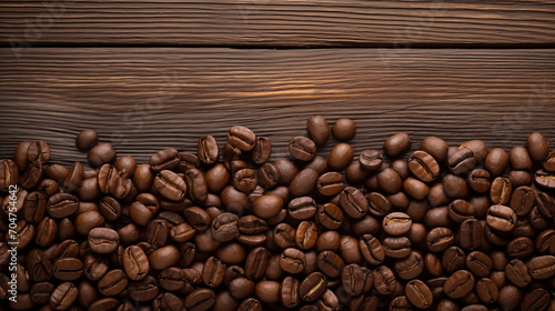 Dark brown roasted coffee beans beautifully scattered over an old brown wooden floor with copy space.