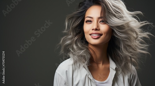 Portrait of a beautiful Asian woman with long silver hair