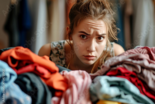 woman with worried face and gesture surrounded by dirty laundry. AI generative