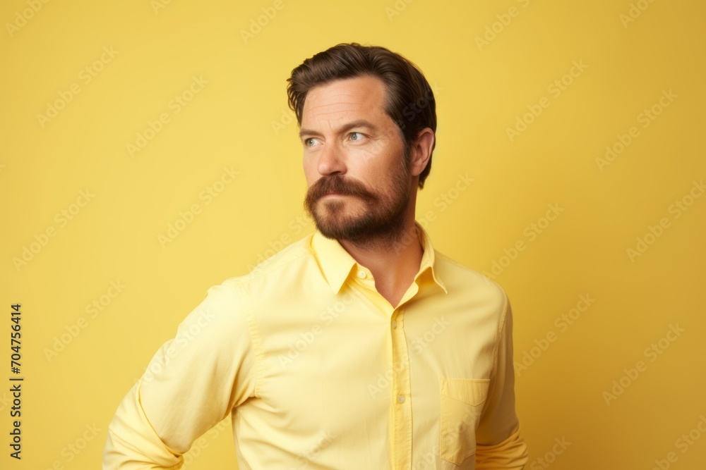 Portrait of a handsome bearded man in yellow shirt on yellow background Portrait of a handsome bearded man in yellow shirt on yellow background