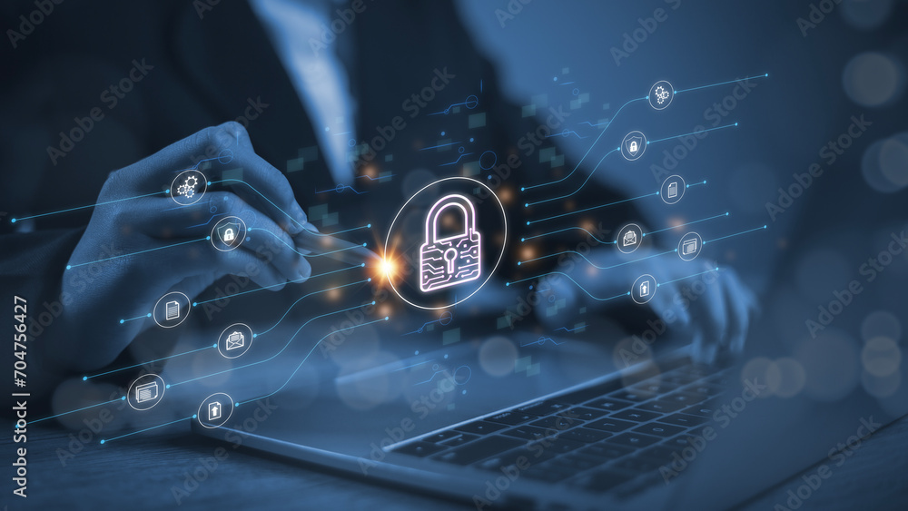 With global network security technology, business people protect personal information. Encryption with a padlock icon on the virtual interface. Cybersecurity concept