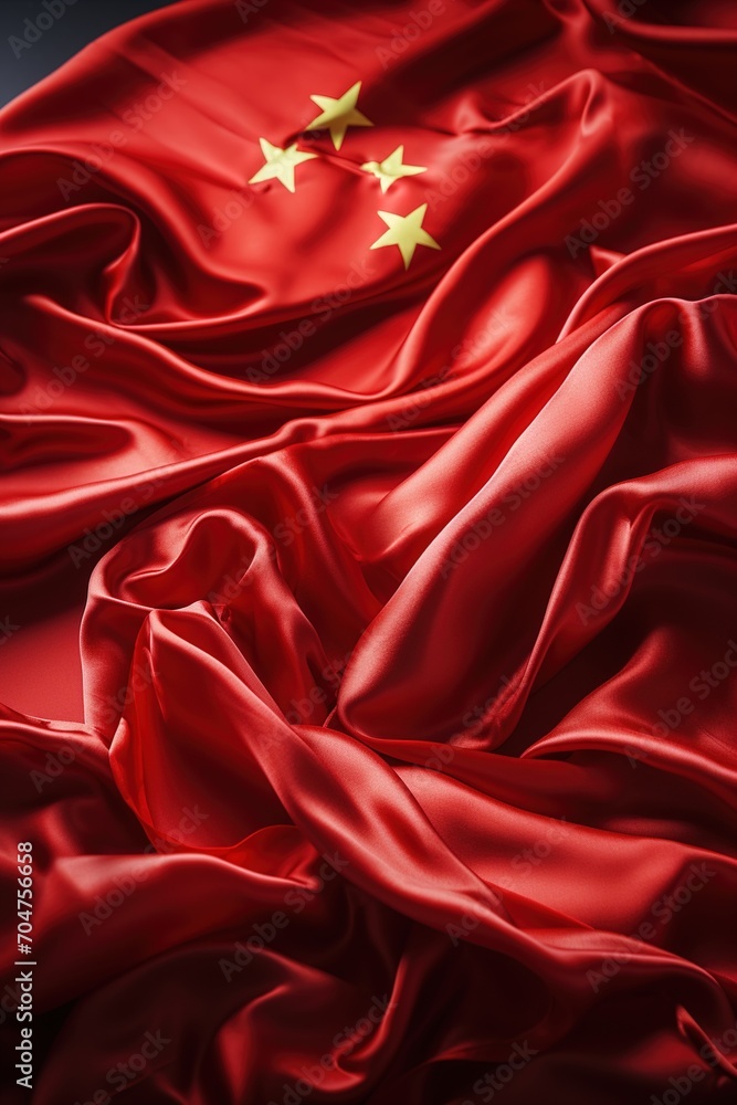 Obraz premium Red Chinese flag made of silk with five stars