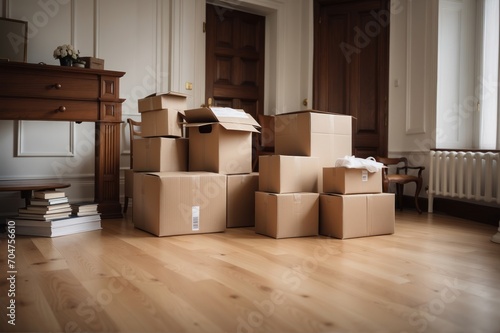 Moving boxes in a new house. Concept of moving to a new house © Dita