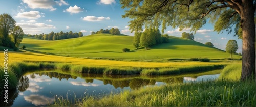 Beautiful summer landscape with a lake, trees and meadows