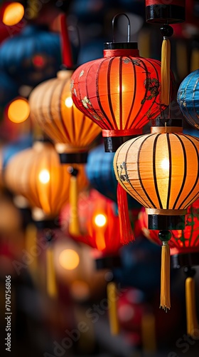A row of red chinese lanterns   bokeh ,New Year Celebration, Chinese New year, Chinese New year Celebratin