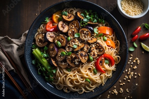 Asian noodles with vegetables and sesame seeds in bowl on wooden table