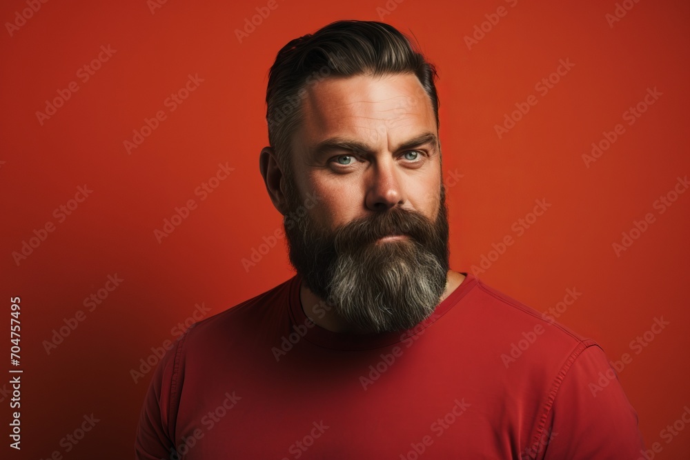 Portrait of handsome man with long beard and mustache on red background Portrait of handsome man with long beard and mustache on red background