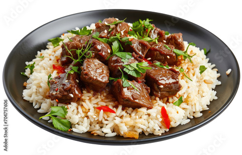 Black plate with beef with rice isolated on transparent background, Asian cuisine