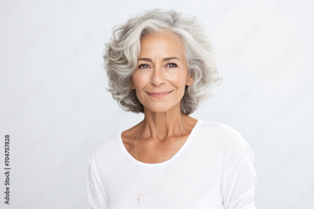 Portrait of a beautiful senior woman smiling at the camera over white background