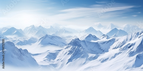 Snowflakes in winter copy space blurred background,vast desolated snow land, big mountains in the background, snowfall with light blue sky and light blue colors, peaceful atmosphere,Mountain snow outd