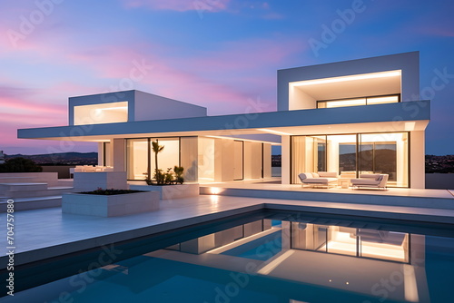 Modern minimalist white villa with pool at sunset © duyina1990