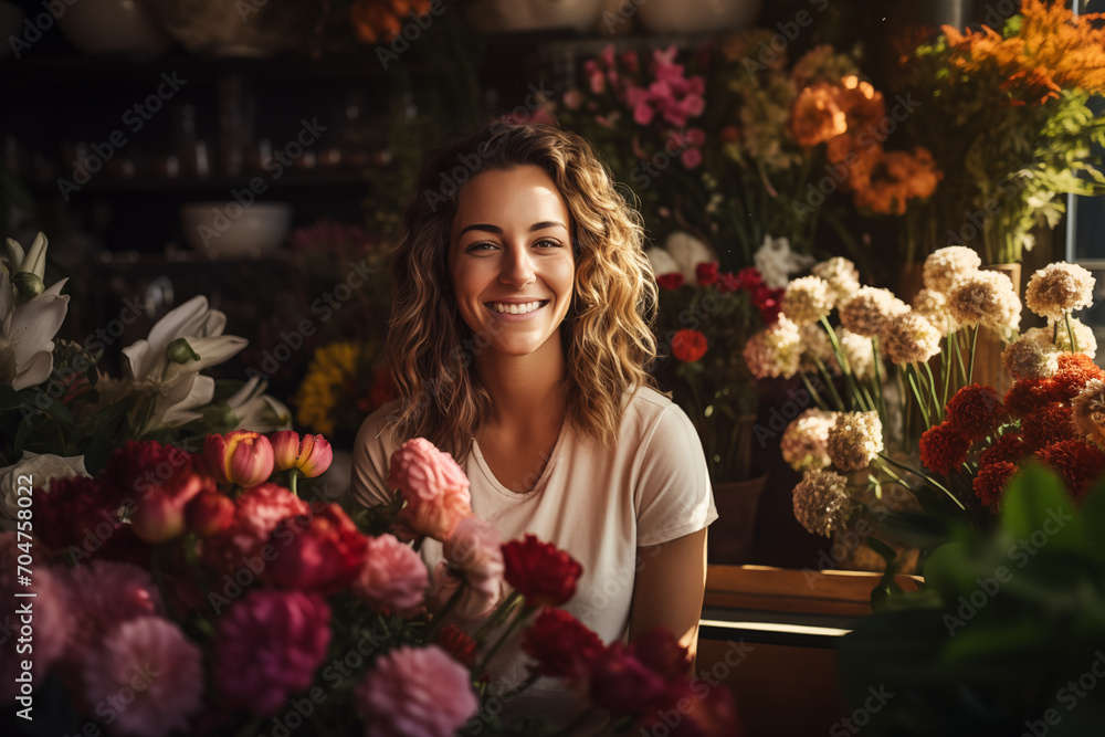 A Radiant Portrait of a Happy Young Woman Surrounded by the Beauty of Blooms in Her Flower Shop Blooms of Joy