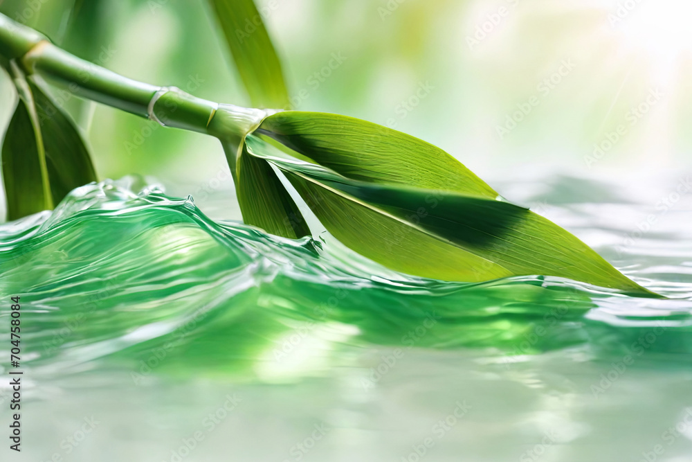 Tranquil spa banner. Bamboo leaf on transparent water wave in sunlight. Ideal concept for travel, cosmetics, and beauty care promotions.