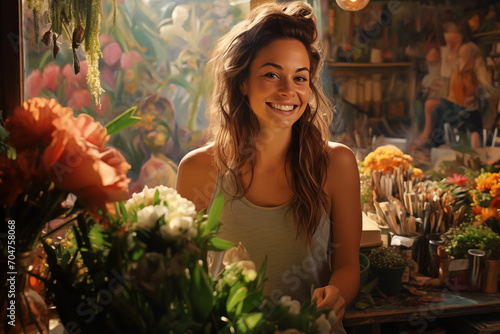 A Radiant Portrait of a Happy Young Woman Surrounded by the Beauty of Blooms in Her Flower Shop Blooms of Joy photo