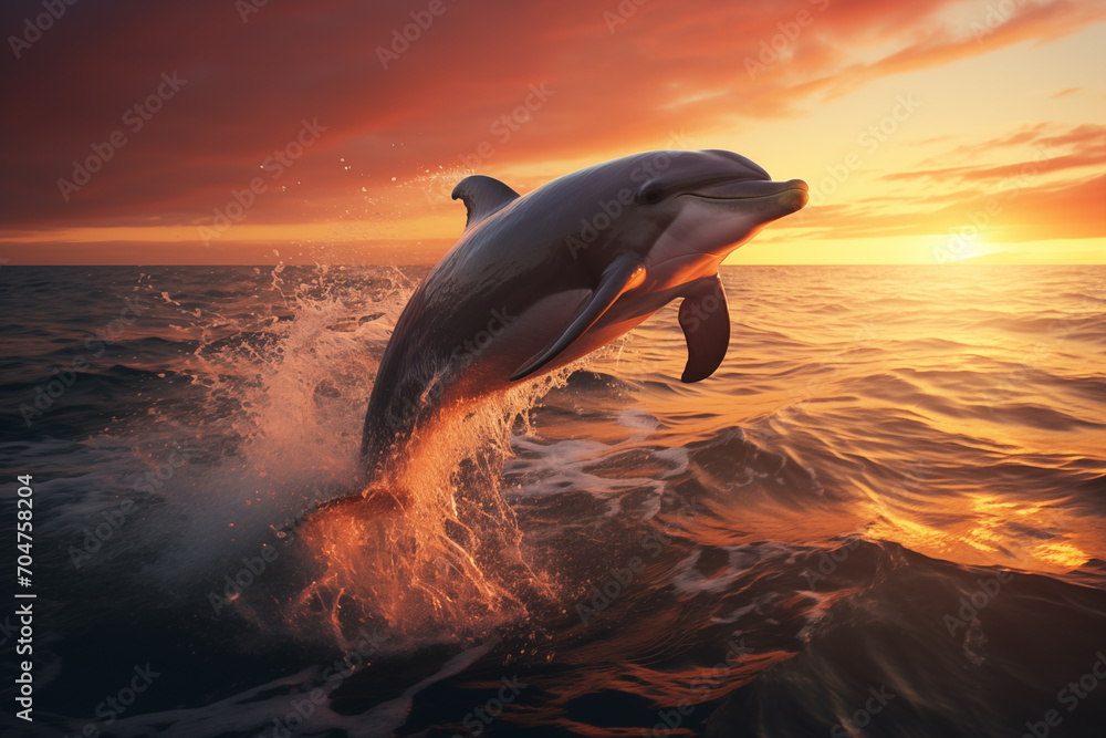 A Dolphin Gracefully Gliding Through the Sea Against the Mesmerizing Palette of a Coastal Sunset Serenade of the Sunset
