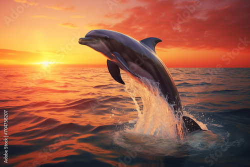 A Dolphin Gracefully Gliding Through the Sea Against the Mesmerizing Palette of a Coastal Sunset Serenade of the Sunset © Asiri