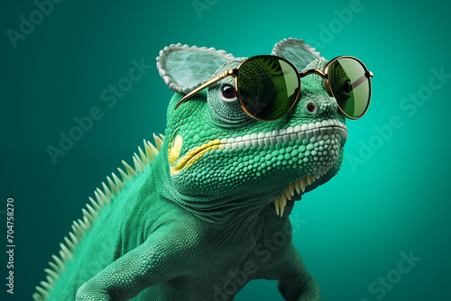 Close-Up View of a Reptile Rocking Sunglasses Against an Emerald Green Background, Bringing a Splash of Attitude and Style Sassy Chameleon © Asiri