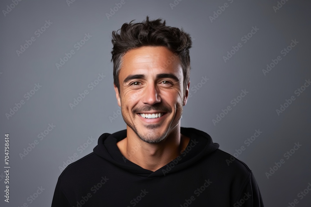 Handsome man in black hoodie smiling at camera over grey background. Handsome man in black hoodie smiling at camera over grey background.