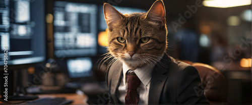 buying stocks with a mesmerizing depiction of an business Cat, their back presented in a half-turn, wearing suits in an office, seated in front of a commanding monitor, engrossed in the process of