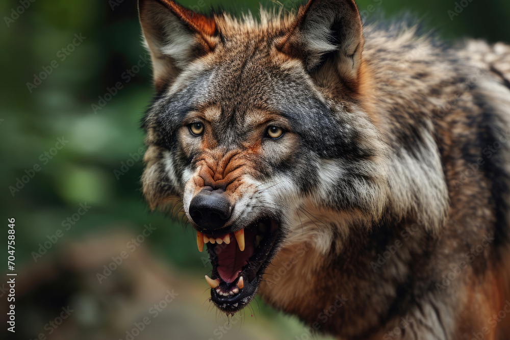 Close-up of an angry wolf in the forest at summer Close-up of an angry wolf in the forest at summer