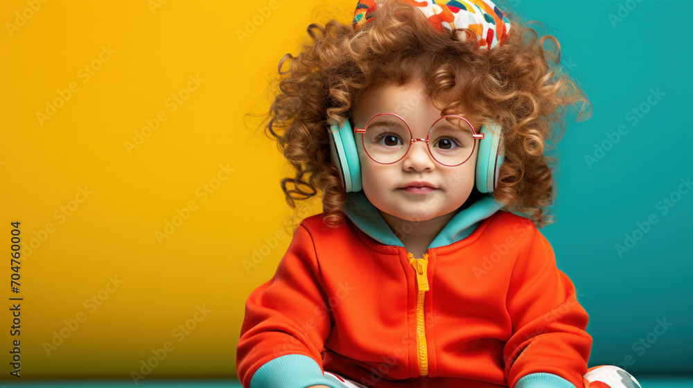 Curly-haired child in headphones, 90s fashion with orange and blue hues. Relaxed, trendy young listener. Curly-haired child in headphones, 90s fashion with orange and blue hues. Relaxed, trendy young listener.