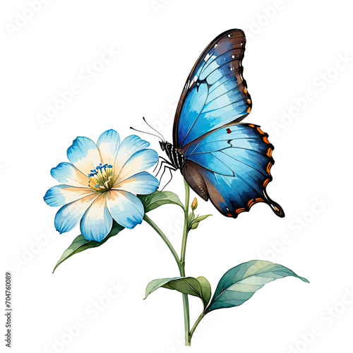 Clipart Blue Morpho Butterfly on Blue Flower Watercolor