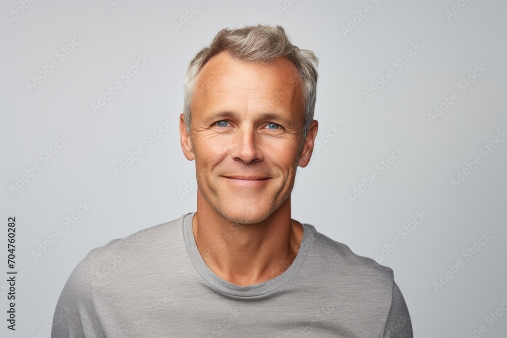 Handsome mature man in grey t-shirt on grey background Handsome mature man in grey t-shirt on grey background