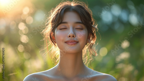 Asian young woman, relax, smile, eyes closed, inhale fresh air, expression air in forest