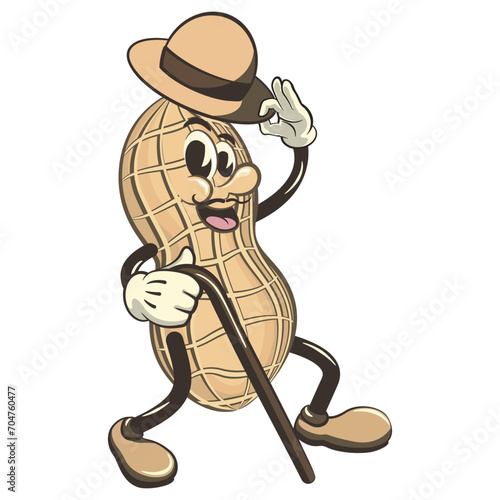 vector illustration of vintage mascot character of peanut dancing while wearing a hat and playing with a stick, work of handmade