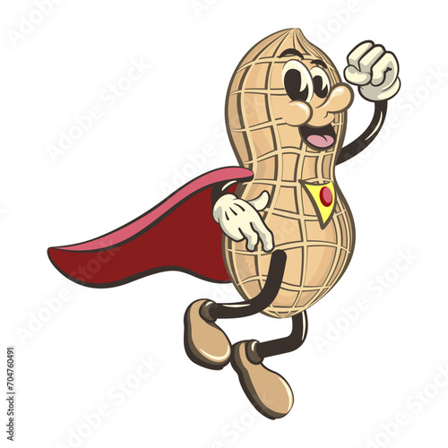 vector illustration of vintage mascot character of peanuts as superhero flying in his red cape, work of handmade